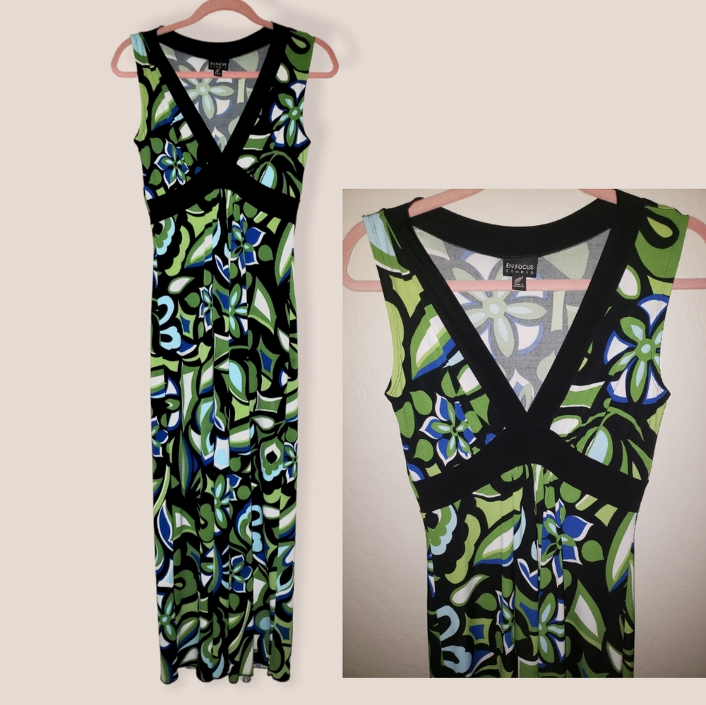 Green💚🖤Psychedelic Floral Empire Waist Maxi Dress